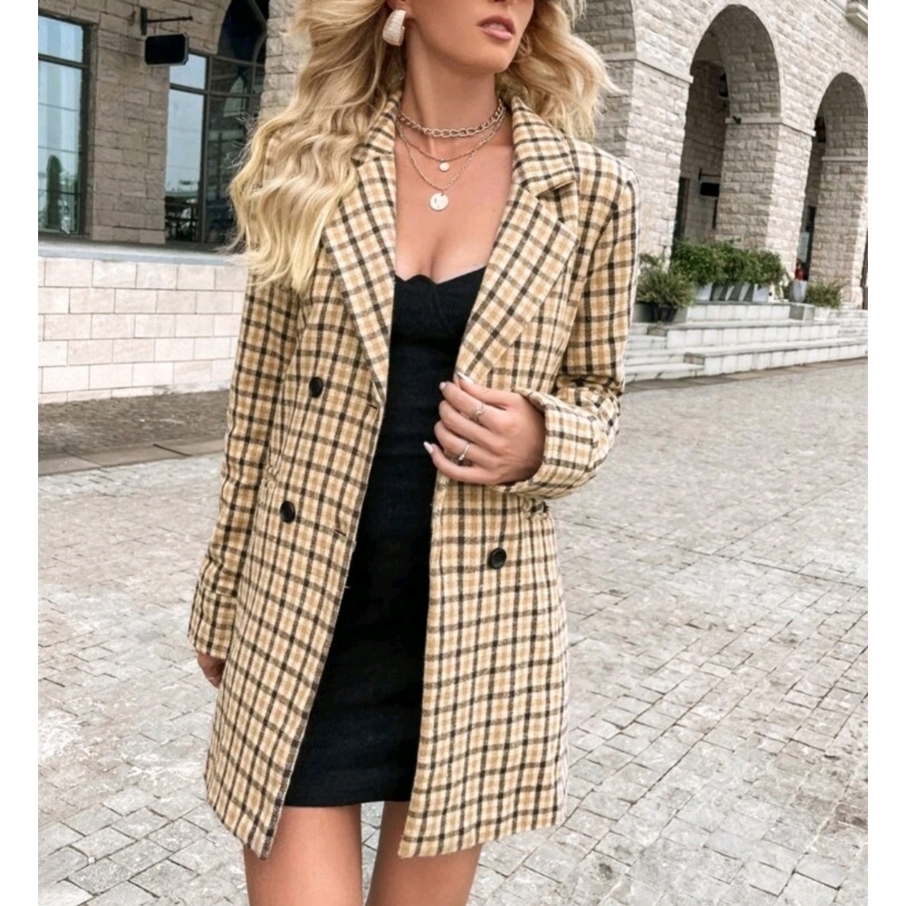 Plaid Double Breasted Button Pocket Blazer - Picture 6 of 13